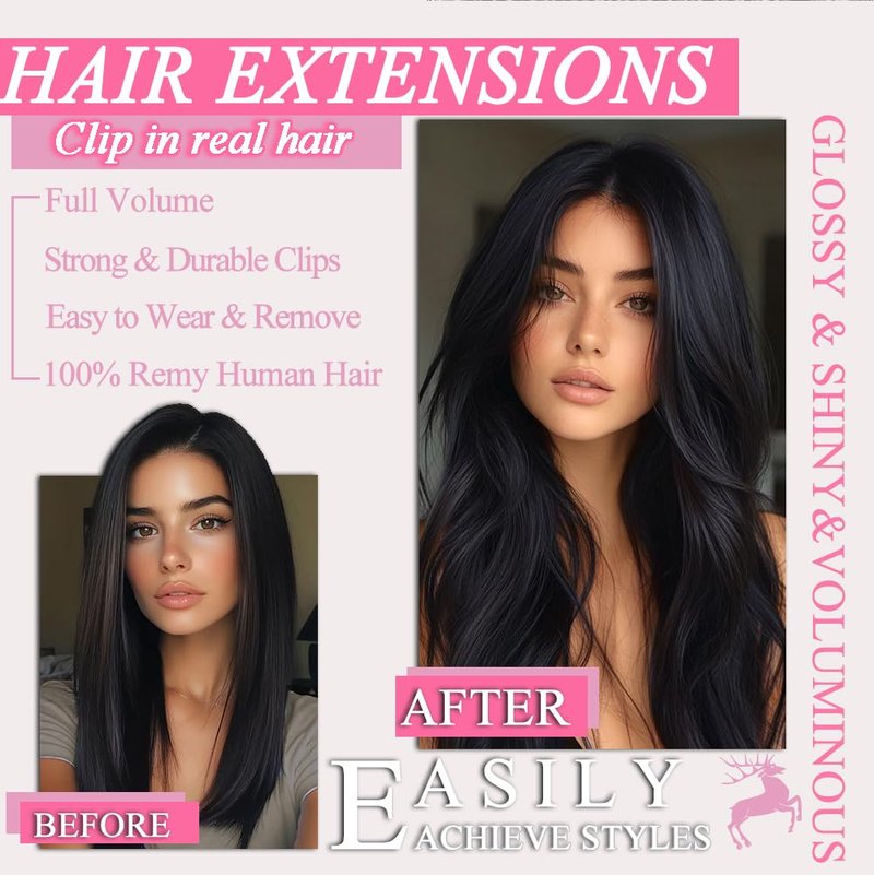 Clip in Hair Extensions Real Human Hair, 7Pcs 16 Inch Double Weft Seamless Invisible Human Hair Clip in Extensions, 85g Natural Black Straight Human Hair Extensions 100% Brazilian Remy Human Hair