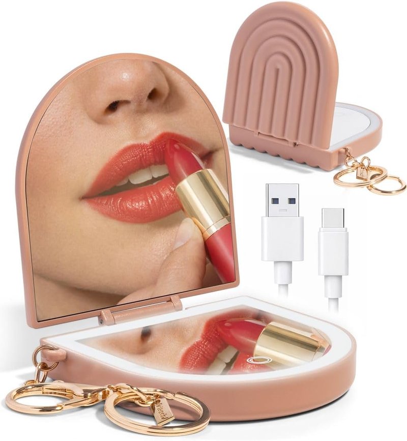 Compact Mirror Keychain - Lighted Travel Makeup Mirror with Dual Magnification | USB-Rechargeable, Terracotta