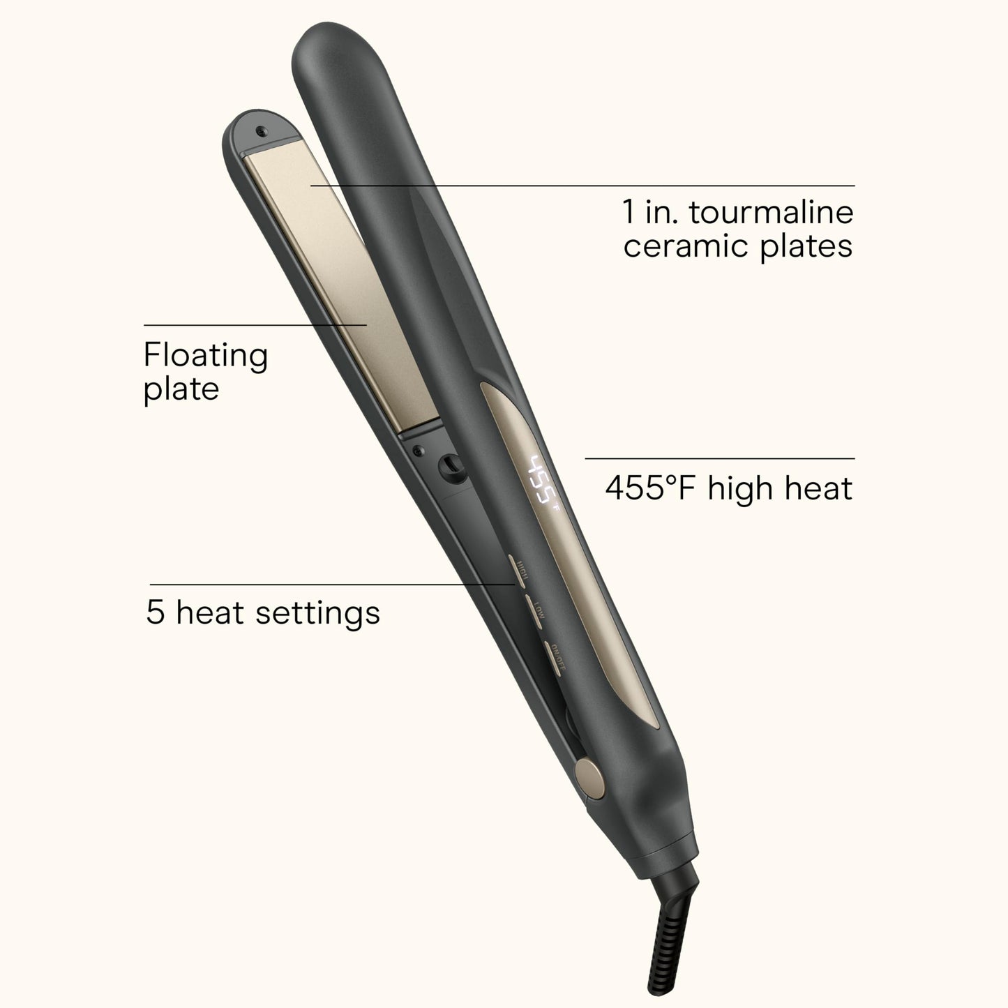 Infiniti PRO CONAIR Tourmaline Ceramic 1-Inch Flat Iron Digital Hair Straightener, 1-Inch Flat Iron to Straighten or Curl, 5 Heat Settings, for All Hair Types and Textures, Dark Gray