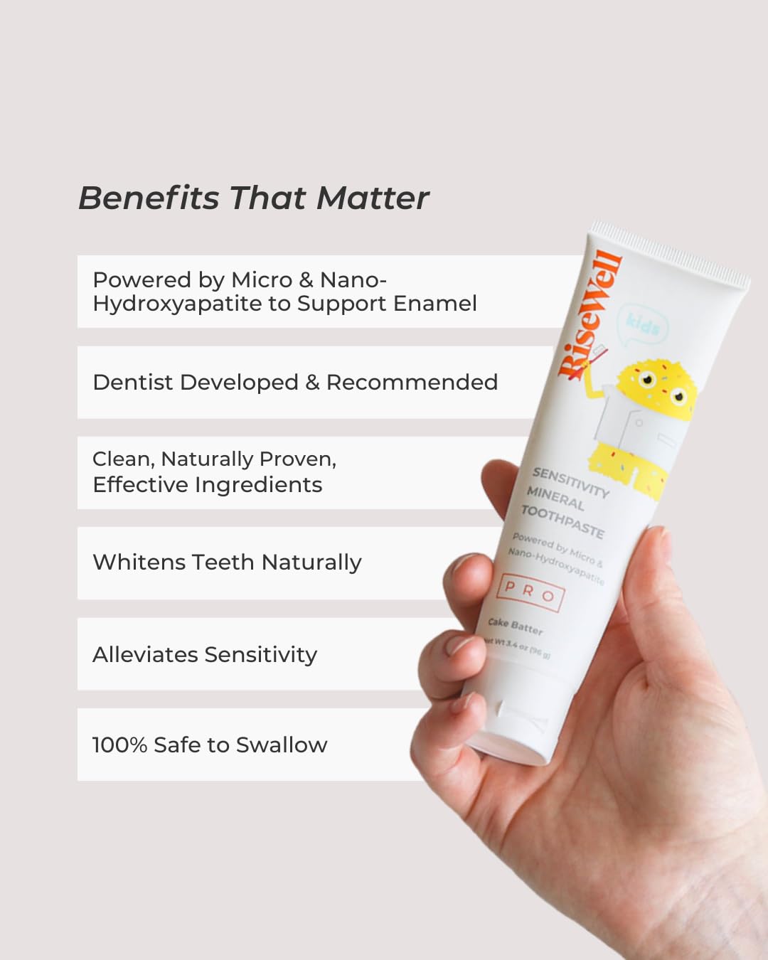RiseWell PRO Kids Mineral Toothpaste - Micro & Nano Hydroxyapatite Toothpaste Kids - Made in USA, Natural and Safe to Swallow, Dentist Developed for Kid's Daily Oral Care (Cake Batter Flavor)