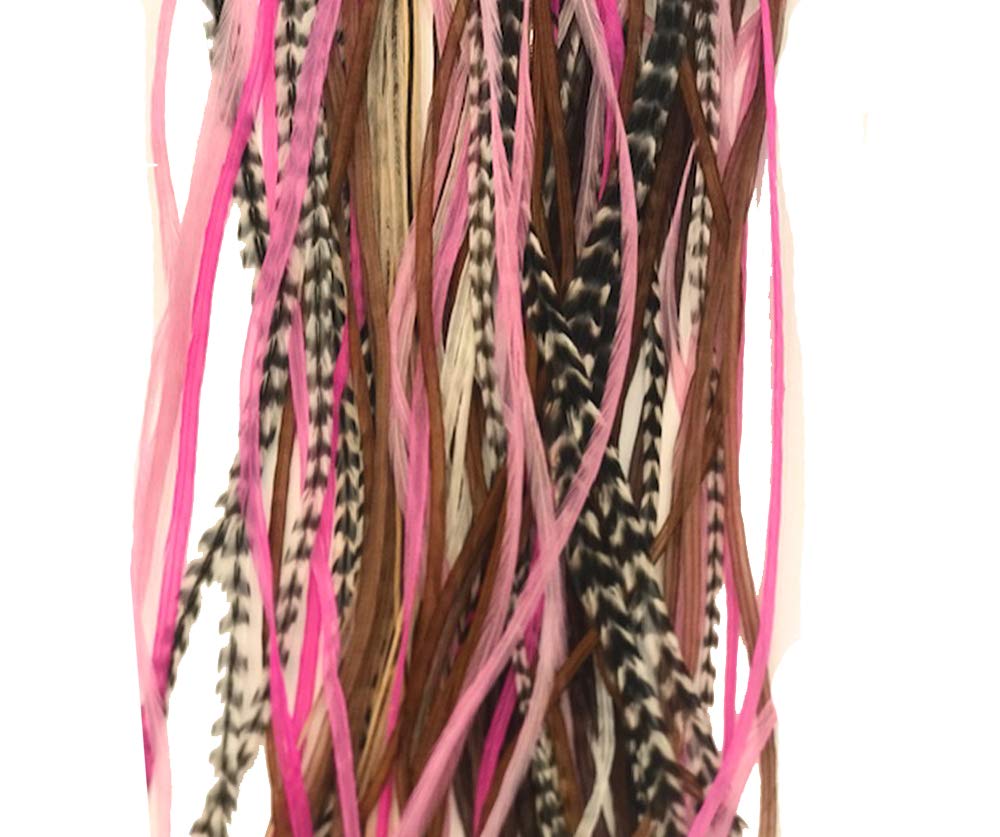 Feather Hair Extensions, 100% Real Rooster Feathers, Long Pink, Purple, Grizzly Colors, 20 Feathers with 20 Silicone Microlinks and loop tool