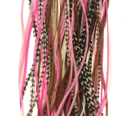 Feather Hair Extensions, 100% Real Rooster Feathers, Long Pink, Purple, Grizzly Colors, 20 Feathers with 20 Silicone Microlinks and loop tool