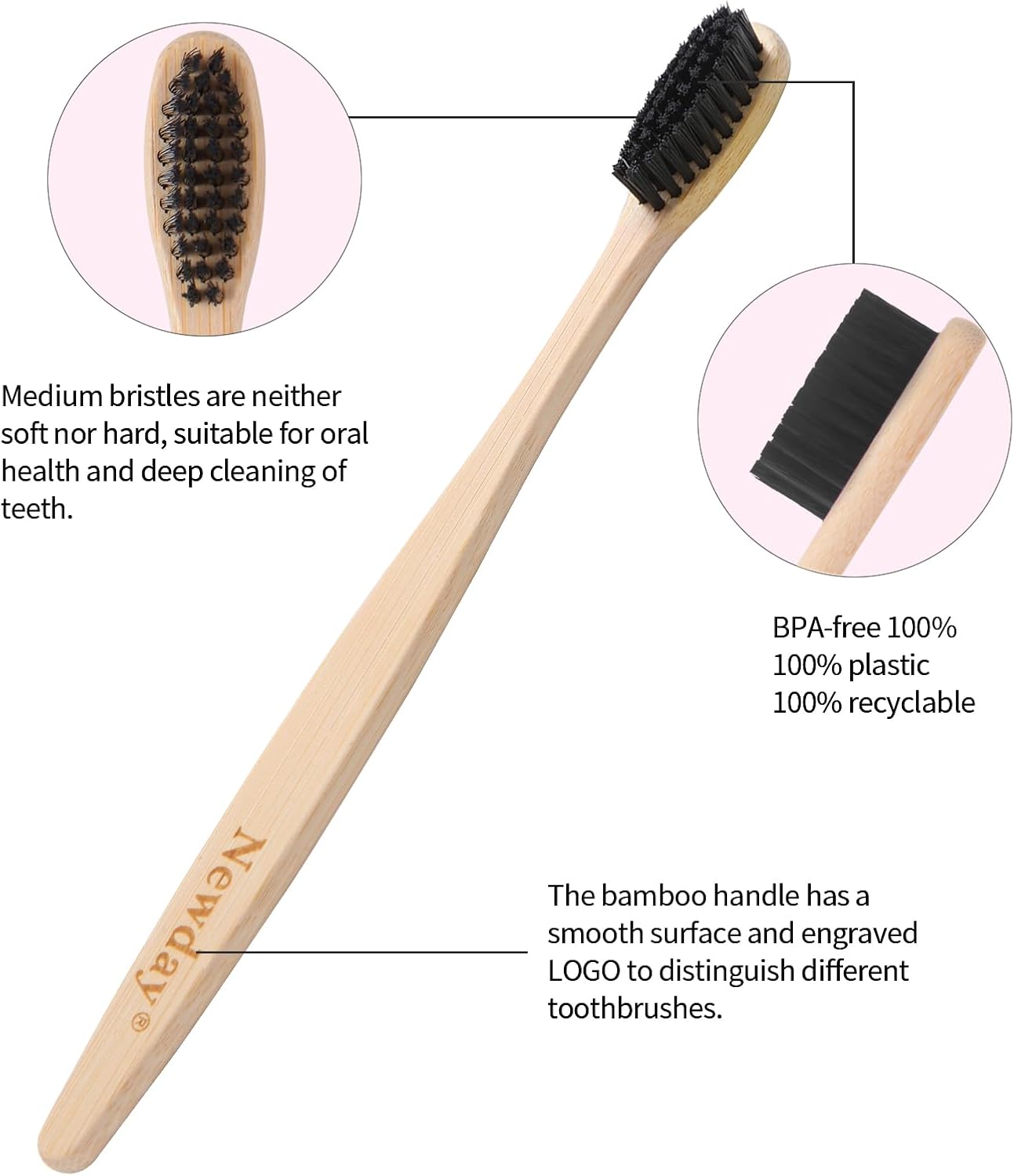 Bamboo Toothbrushes - 100 Pack, Individually Wrapped, Eco-Friendly & Biodegradable | Soft Bristles, Black