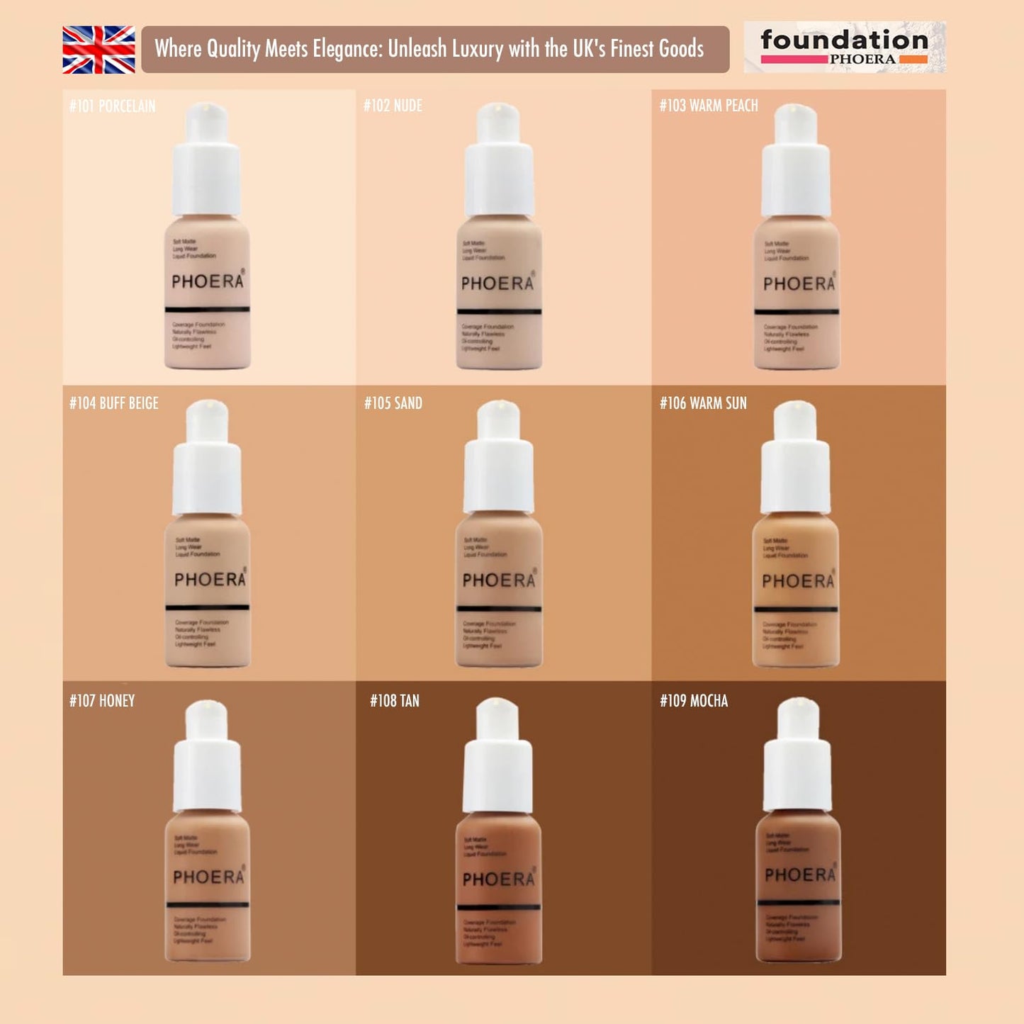 Phoera Foundation Set - Matte Cream Full Coverage Foundation Kit with Makeup Brush & 109 Mocha Shade | 30ml, 24hr Oil Control