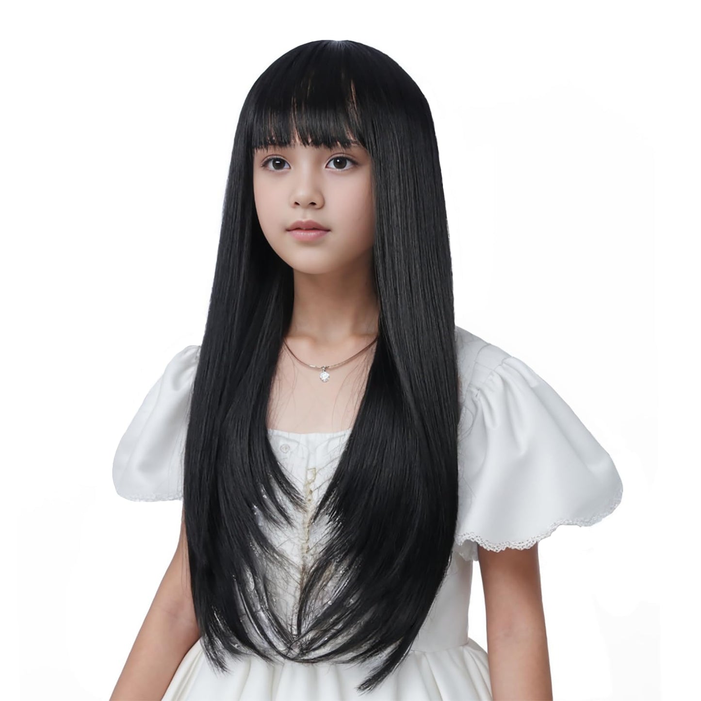 Edivd Black Wig for Child Long Natural Black Wig with Air Bangs for Girls Long Straight Wigs for Kids Heat Resistant Synthetic Wigs with Cap