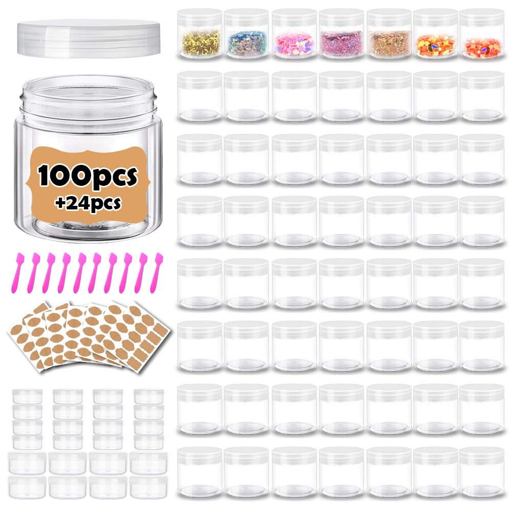 Plastic Containers with Lids - 100-Pack 2 oz Jars for Lip Scrub, Body Butters & Creams | Includes 24 Sample Containers