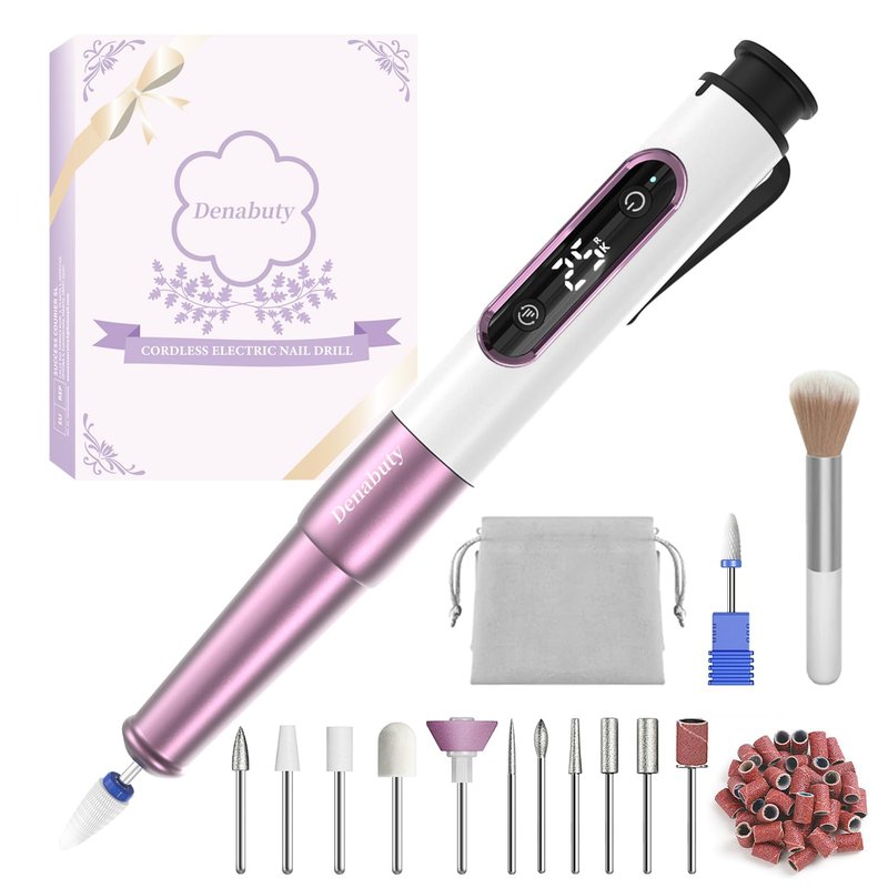 Denabuty Nail Drill Cordless, Electric Nail File 12 in 1 with LED Display, Nail Drill Machine Professional Portable Rechargeable E File for Gel Acrylic Manicure Pedicure Set with 5 Speeds Golden
