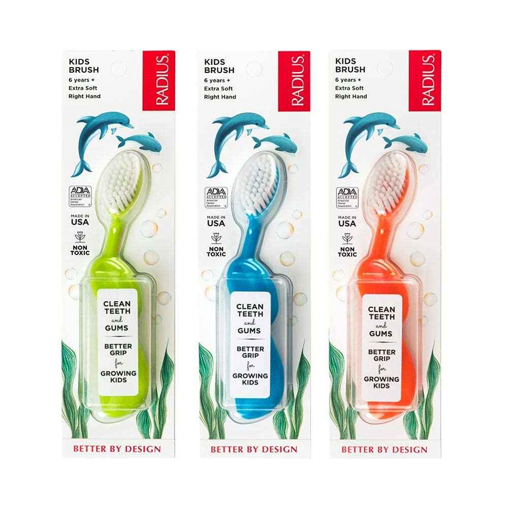 RADIUS Children's Toothbrush, Kids Brush, Extra Soft Bristles, Right Handed, Green/Blue/Orange, BPA Free & ADA Accepted, Designed to Clean Delicate Teeth & Gums for Children 6 Years & Up, Pack of 3