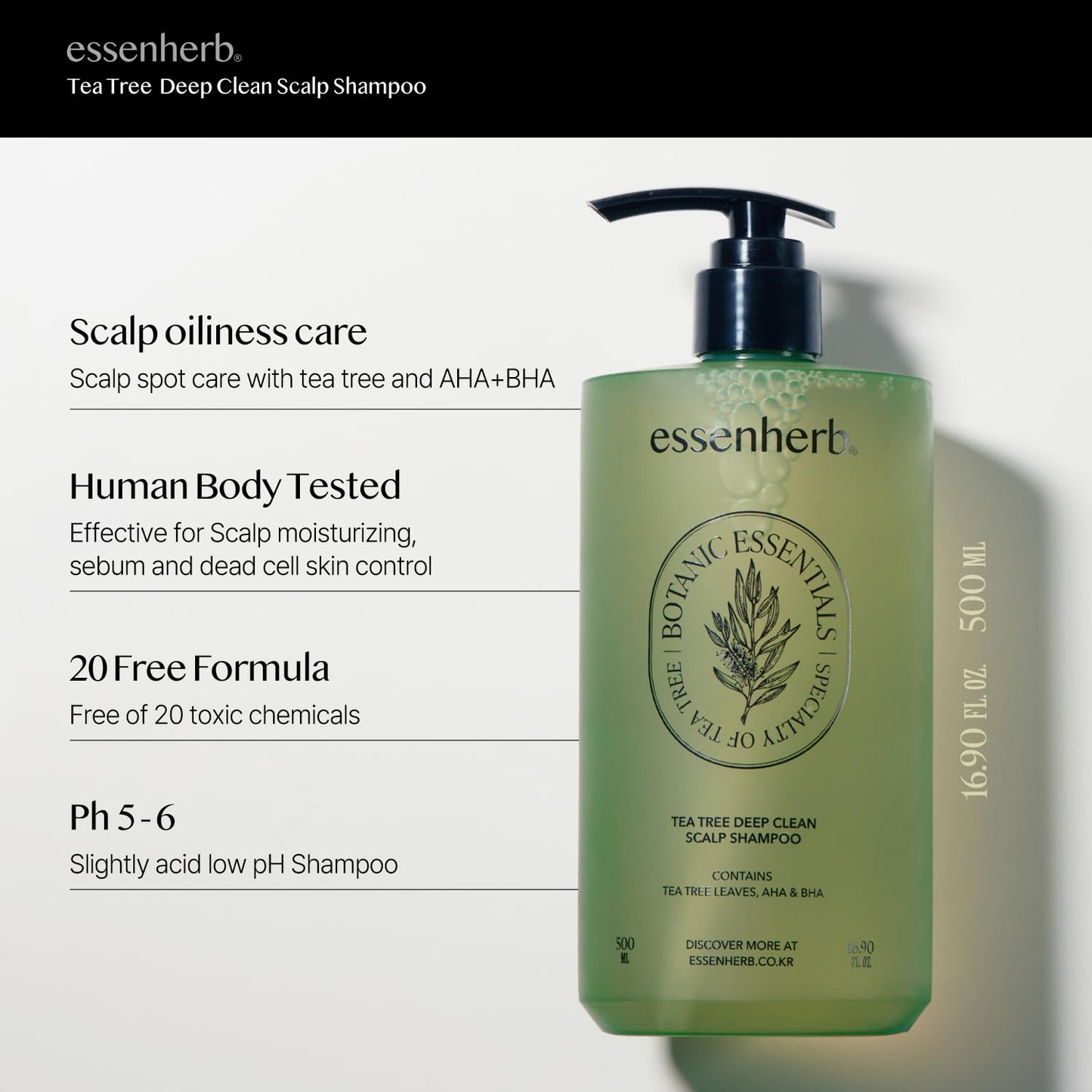 ESSENHERB Tea Tree Deep Clean Scalp Shampoo For Oily Hair | AHA & BHA Vegan Shampoo | mildly acidic pH 5-6, Made in Korea (16.90 fl oz, 500ml)