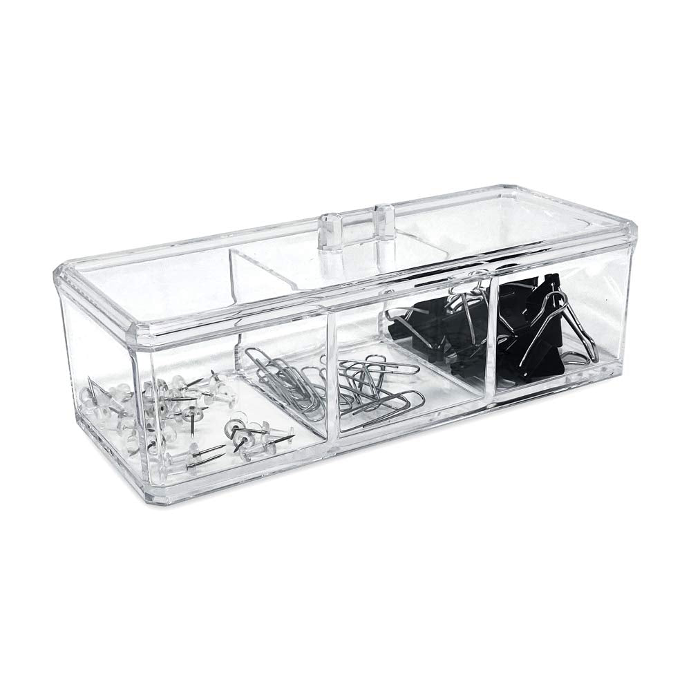 Isaac Jacobs 3-Compartment Clear Acrylic Rectangular Stackable Organizer with Lid, Multi-Sectional Drawer Tray, Storage Solution for Makeup, Craft Supplies, for Bathroom, Kitchen, Office (2, Clear)