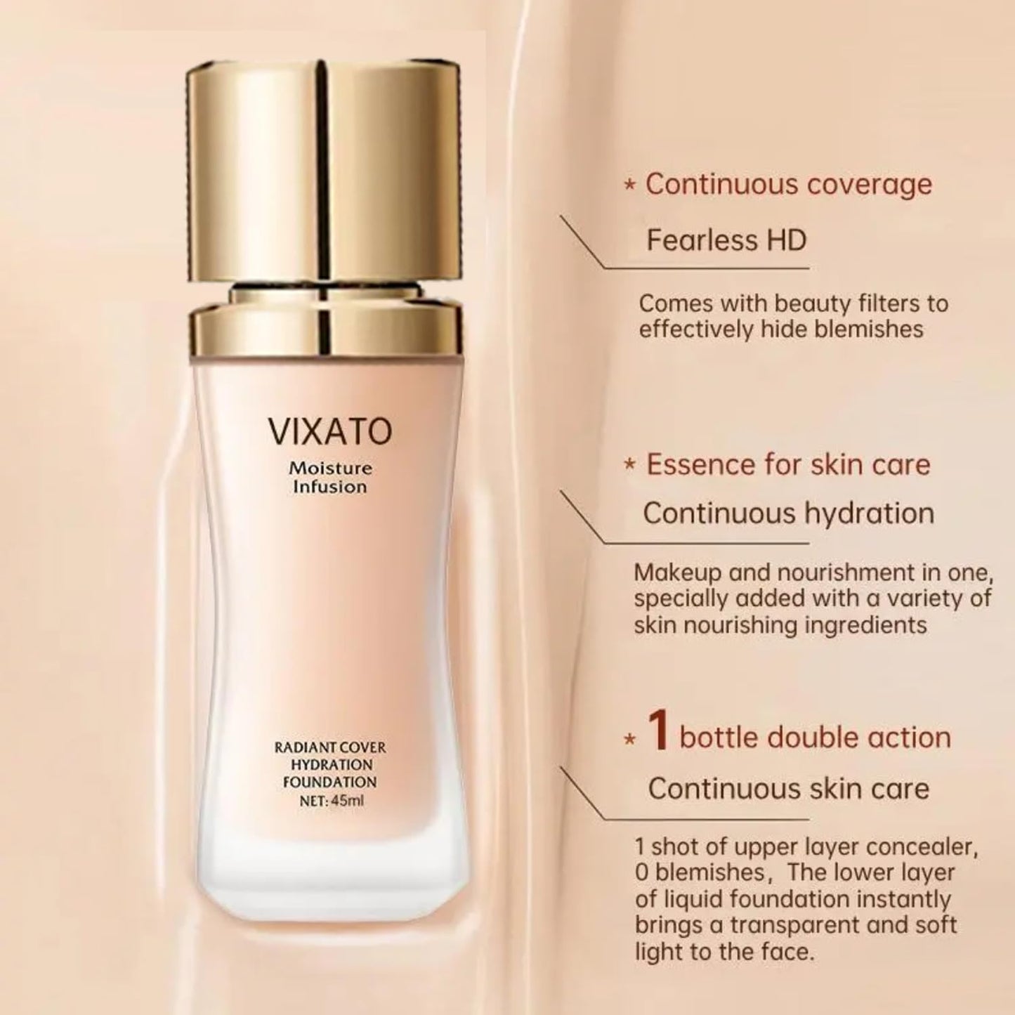 Cover Hydration Liquid Foundation Concealer, 45ML Moisture Liquid Flawless Makeup Cosmetic, Suitable for Most Bright/Neutral/Dark Skin
