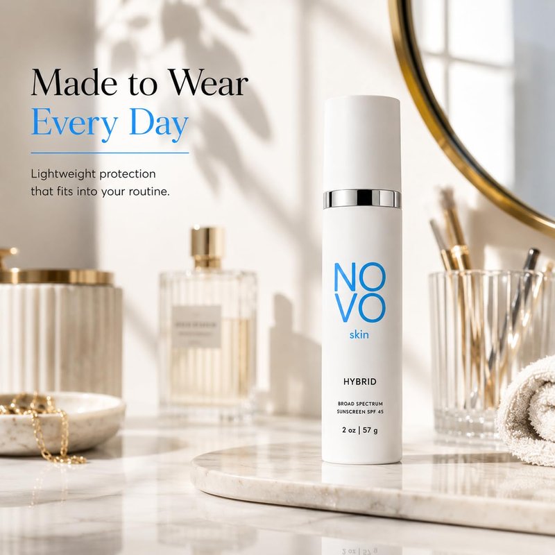 NOVO Skin Non-Tinted Hybrid Sunscreen SPF 45 – Hydrating Lightweight Daily Face Moisturizer with Zinc Oxide & Octinoxate – Niacinamide & Hyaluronic Acid – Broad Spectrum No White Cast SPF, 2.0 fl oz