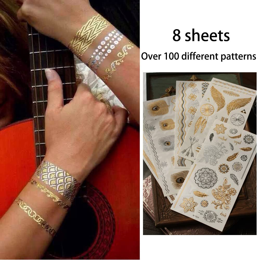 Muulaii 8 Sheets Gold Tattoos Temporary, Long Lasting Metallic Tattoos