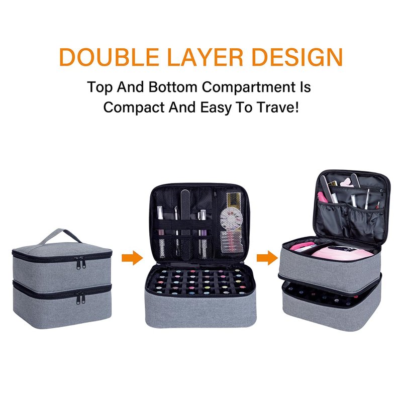 UOZL Nail Polish Organizer, Handheld Double Layer Organizer Holds 30 Bottles (15 ml/0.5 floz) with Adjustable Dividers for Nail Polish Small Manicure Lamp Manicure Tools Essential and Travel,Gray