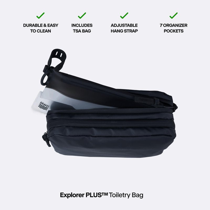 Gravel Hanging Toiletry Bag for Men and Women - Comes in 3 Sizes, Water-Resistant, Durable, Compact, Dopp Kit Travel Toiletry bag (Black, Plus)