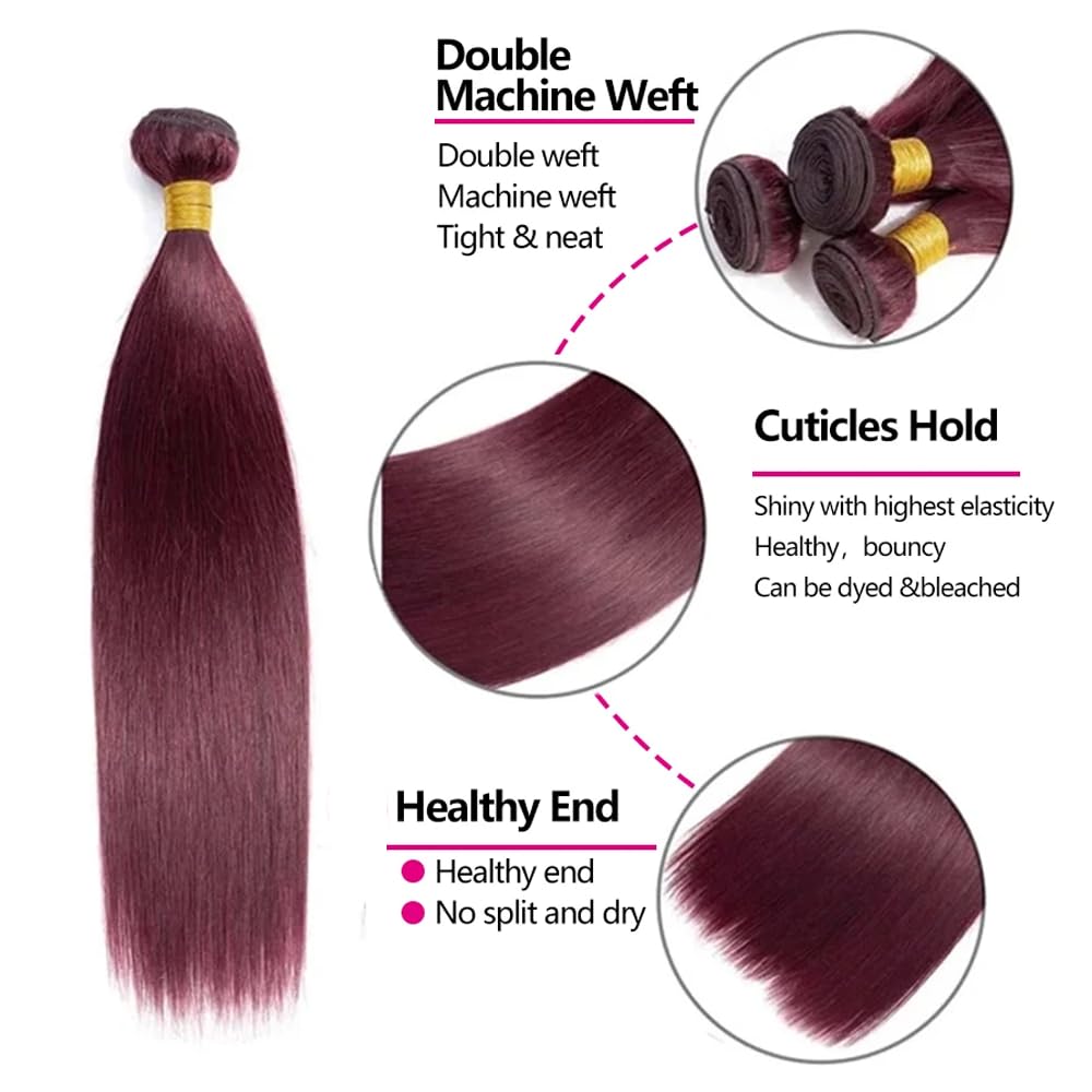 #99J Burgundy Bundles Human Hair Straight Bundles 14 16 18 Inch Wine Red Bundle Human Hair Extensions Unprocessed Virgin Remy Hair 3 Bundle 50 Gram Per Bundle