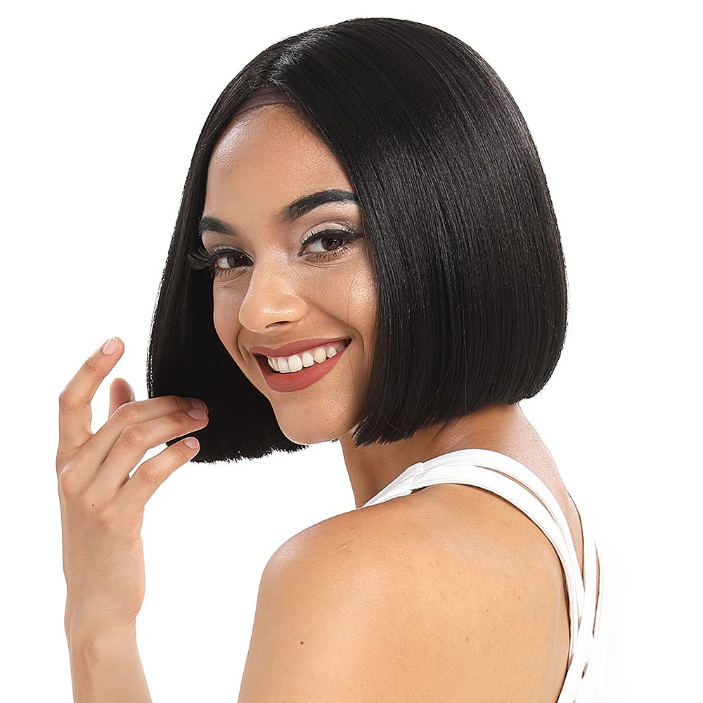 NOBLE Black Bob Wigs for Women Short Straight T Part HD Lace Front Wigs 150% Density Heat Resistant Synthetic Blunt Cut Bob Wigs for Party and Daily Use (10 Inch, Natural Black)