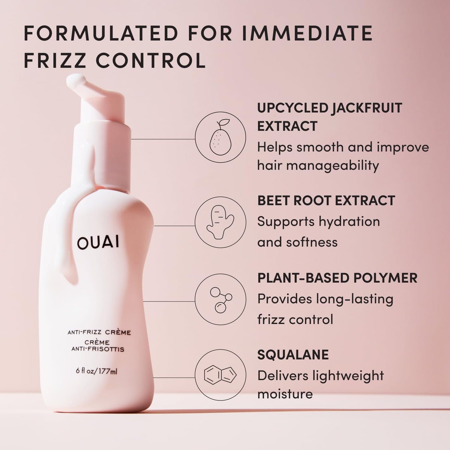 OUAI Anti-Frizz Cream - Moisturizing Hair Cream for Frizz Control & Heat Protection - Hydrating Jackfruit & Beetroot Extract | 6 oz