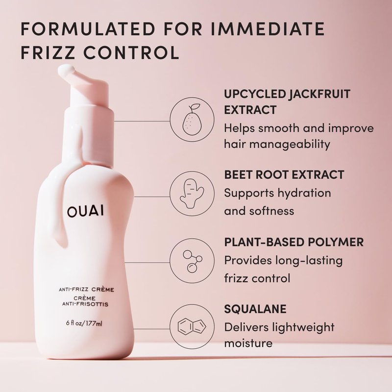 OUAI Anti Frizz Cream - Moisturizing Hair Cream with Frizz Control & Heat Protection - Provides Lasting Hydration with Jackfruit & Beetroot Extract - Paraben, Phthalate & Sulfate Free (6 oz)
