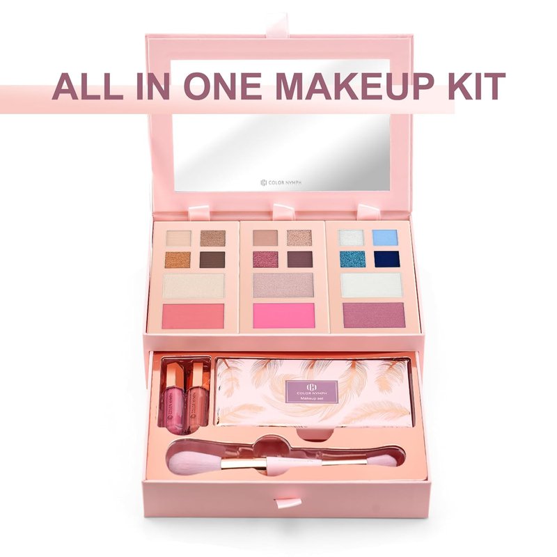Small Makeup Palette Set - 12 Colors Eyeshadow, Blush, Highlighter & Lip Gloss | Travel-Friendly Gift Set for Women & Girls - Pink
