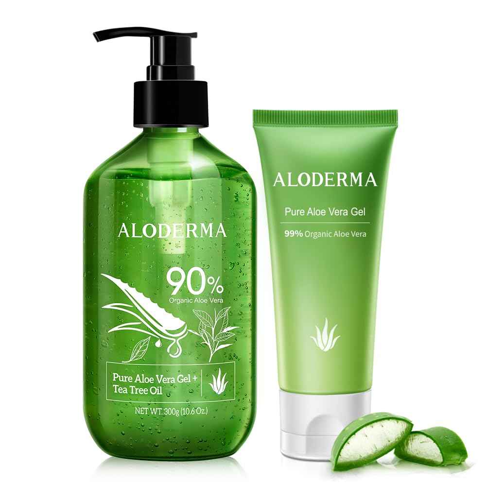 Aloderma Aloe Vera Gels Set, 2 Pieces - 300g Aloe Vera Gel + Tea Tree Oil, 45g Aloe Vera Gel - Hydrating, Moisturizing