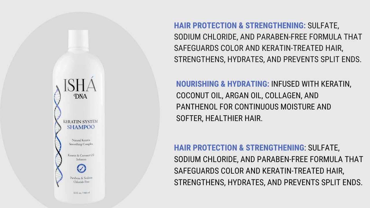 ISHA DNA Keratin Treatment System Shampoo - Sulfate and Paraben-Free, Coconut Oil Infused for All Hair Types (16 Fl oz)