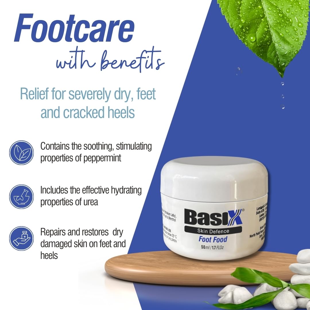 Basix Skin Defence Foot Food Repair Restore Tired Dry Feet Cracked Heels 5% Urea and Peppermint Oil Soothes Invigorates and Stimulates Tired Feet