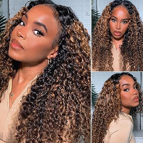 UNICE Curly V Part Wigs Human Hair Balayage Brown Highlight Clip in Upgrade U Part Wig No Leave Out Wear Go Glueless Human Hair Wig Beginner Friendly 14 inch