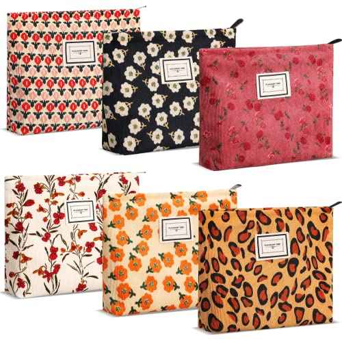 Sanwuta 6 Pcs Makeup Bag for Women Large Cosmetic Pouch Corduroy 10 x 7 Inch Large Capacity Makeup Bags Canvas Cosmetic Bags with Zipper Travel Toiletry Accessories Organizer for Women Girls(Flower)