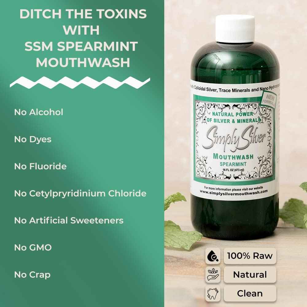 Simply Silver Mouthwash Spearmint Flavor- Nano Hydroxyapatite Formula, All Natural Colloidal Silver Mouthwash Chemical, Alcohol, Fluoride, and BPA Free, 16 oz
