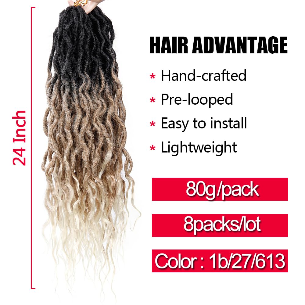8Packs Faux Locs Crochet Hair 24Inch Soft Locs, Crochet Locs With Curly Ends Boho Faux Locs Blonde Crochet Braids (1B/27/613, 24(Pack of 8))