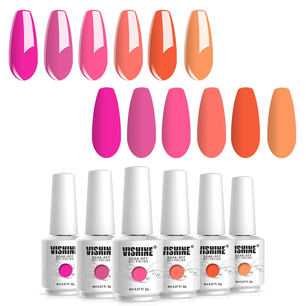 Vishine Gel Nail Polish Set -Hot Pink & Pumpkins Tones - Bright Orange Fuchsia Solid Nail Gel Colors Home Gel Nail Art Manicure Set 8ml