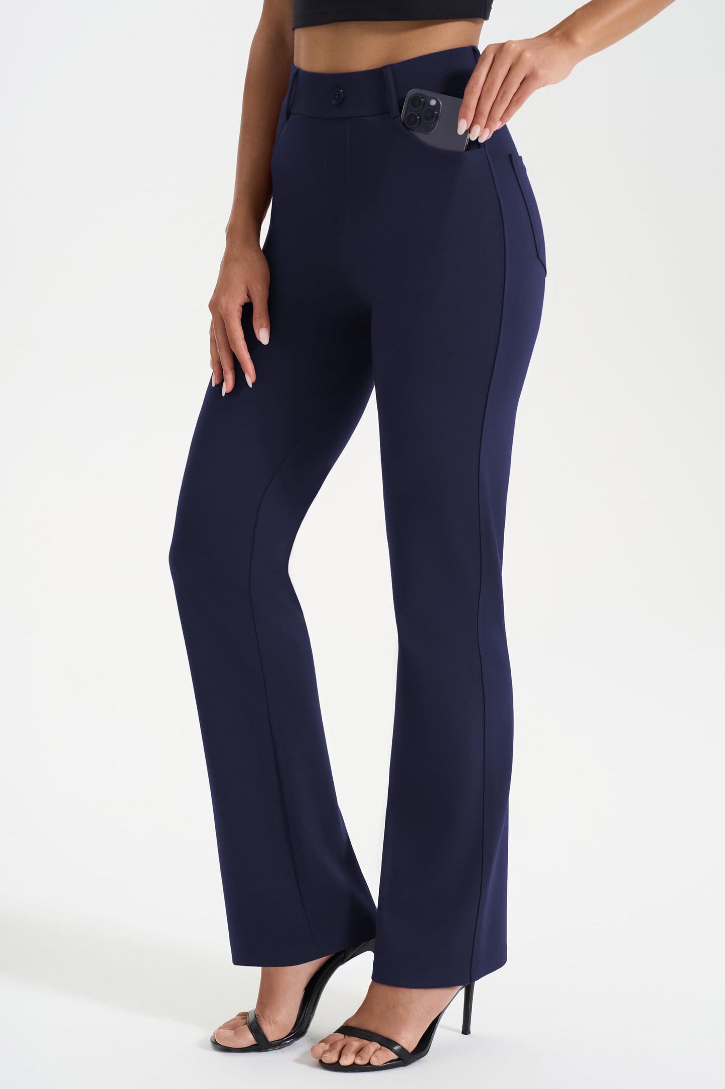 AFITNE Women's Yoga Dress Pants Stretchy Straight Leg Bootcut Work Travel Pants Business Office Casual Slacks with Pockets 31" Navy, L