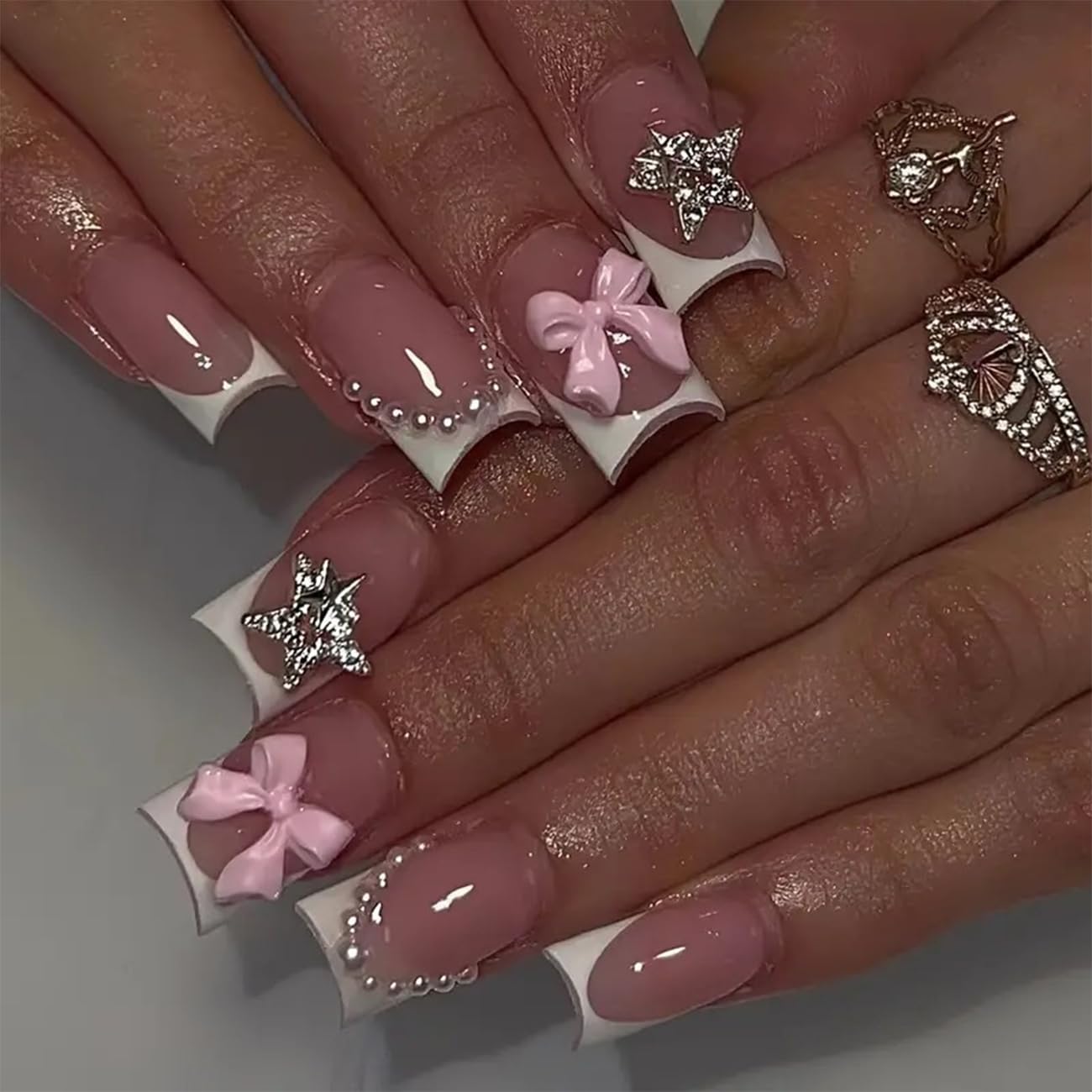 24pcs French Tip Press-On Nails - Short, Charms, Bow, Flower Design, Pink, Cute, Square Shape, Acrylic, Rhinestones