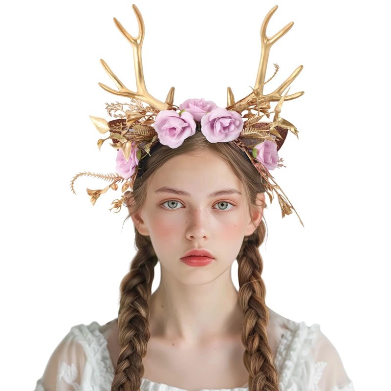 SalLady Christmas Reindeer Ear Headband - Golden Flower Antler Hairband, Woodland Floral Antler Headpiece for Women, Elk Headwear for Holiday Birthday Party Photo Props