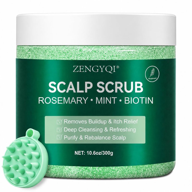 Scalp Scrub, Rosemary & Mint Oil & Biotin Scalp Exfoliator Scrub Shampoo with Silicone Cleansing Massager, Hair Treatment for Itchy Scalp, Dandruff & Buildup Removal & Thick and Strong Hair Growth