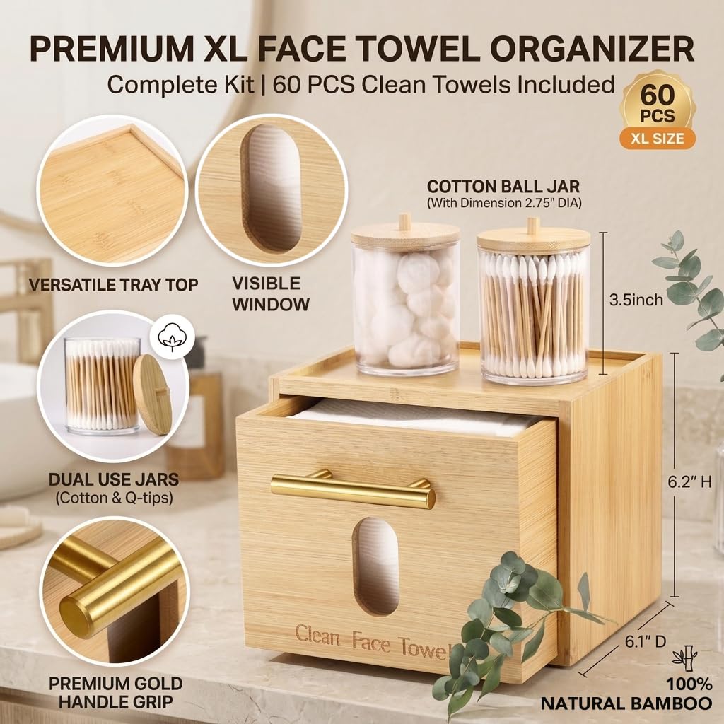 BSSN Disposable Face Towel Holder, Bamboo Clean Towels Xl Holder with Cotton Swab Container and 60ct Towels, Countertop Skincare Organizer, Bathroom Vanity Storage Box for Face Tissues, Makeup Pads
