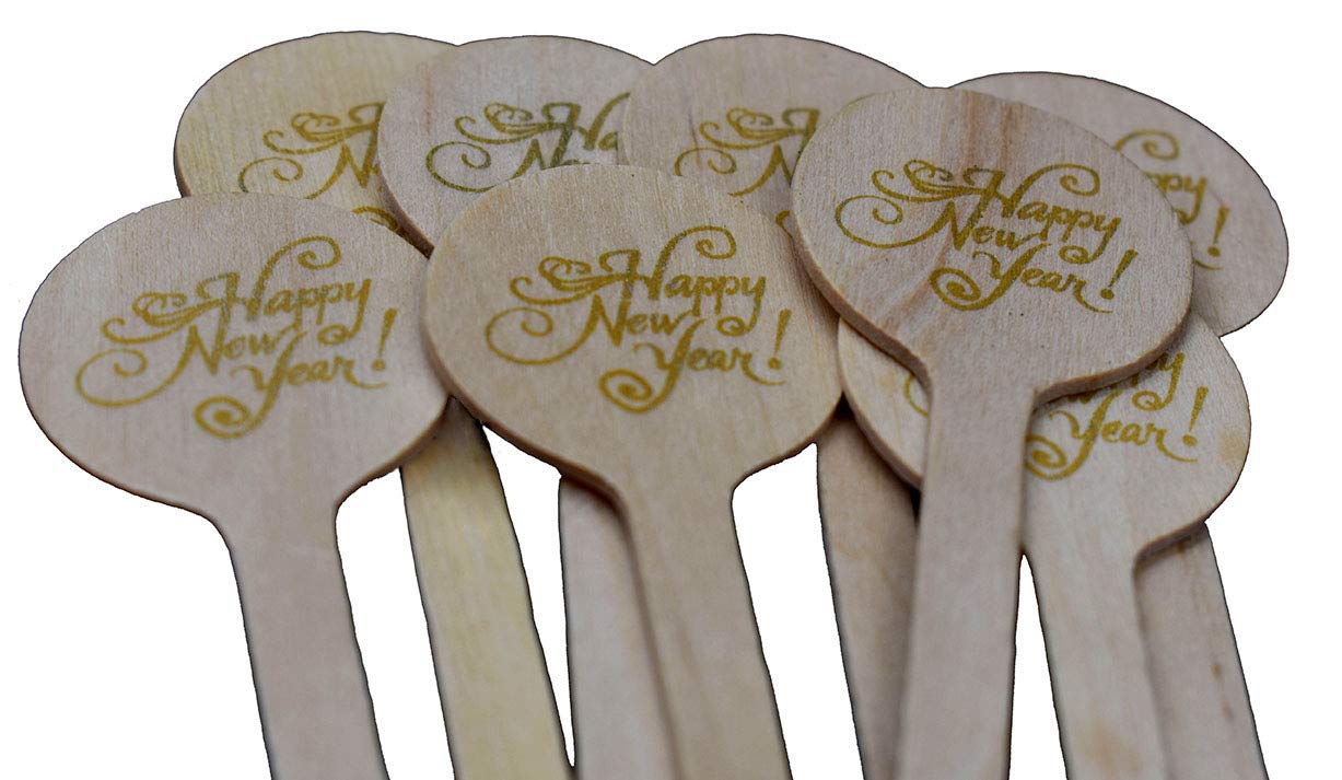 Perfect Stix 6" Wooden Cocktail/Drink Stirrers with Happy New Year Print-Pack of 50ct