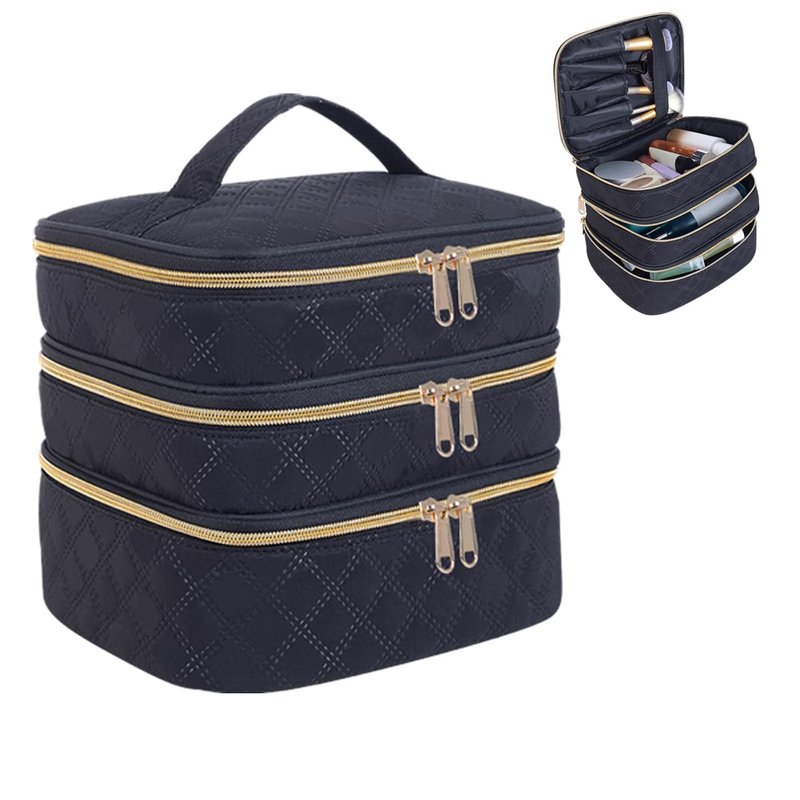 LANDFOBO Large Makeup Bag 3 Layers with Handle Travel Makeup Bag Organizer Toiletry Accessories Bottles, Brushes, and Skin Care Products (Blakc)