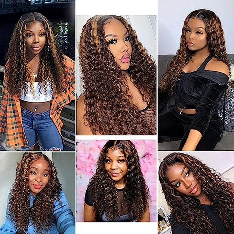 P1B/30 Human Hair Bundles Highlight Deep Wave Human Hair Bundles Brown Deep Wave Bundles Brazilian Unprocessed Virgin Hair 3 Bundles 26 28 30 Inch Two Tone Black Mixed With Brown Bundles