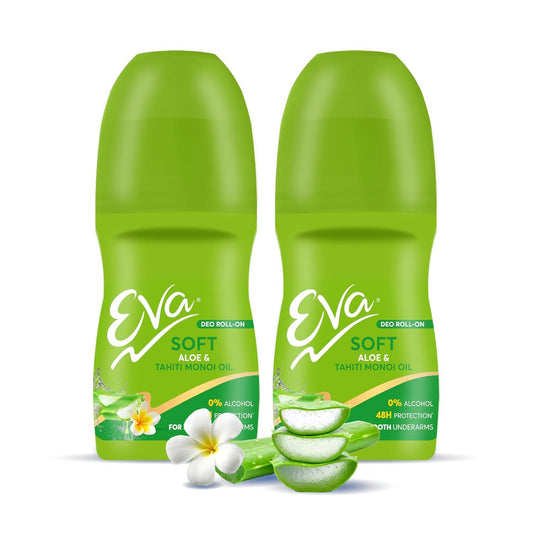 E.V.A. Roll On Deodorant with Aloe & Tahiti Monoi Oil for Women, Alcohol & Aluminum Free, Smooth Underarms, 50 ml, Pack of 2