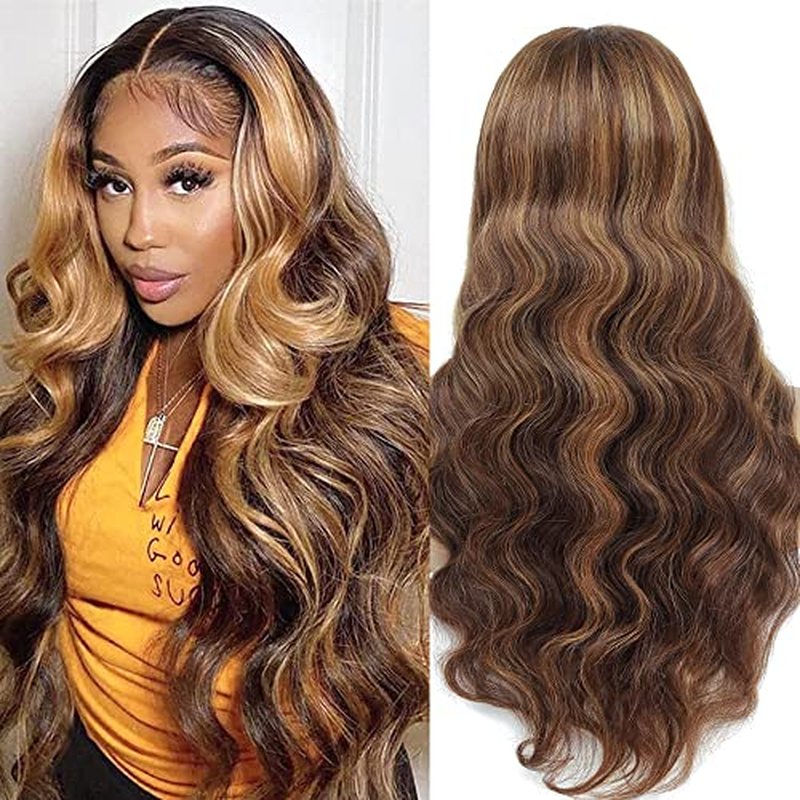 Yllies Honey Blonde Highlight Ombre Middle Part Lace Front Wigs Human Hair T Part HD Transparent Lace Body Wave Wigs 180% Density Brazilian Human Hair 4/27 Colored Glueless Wigs for Women(22 Inch)