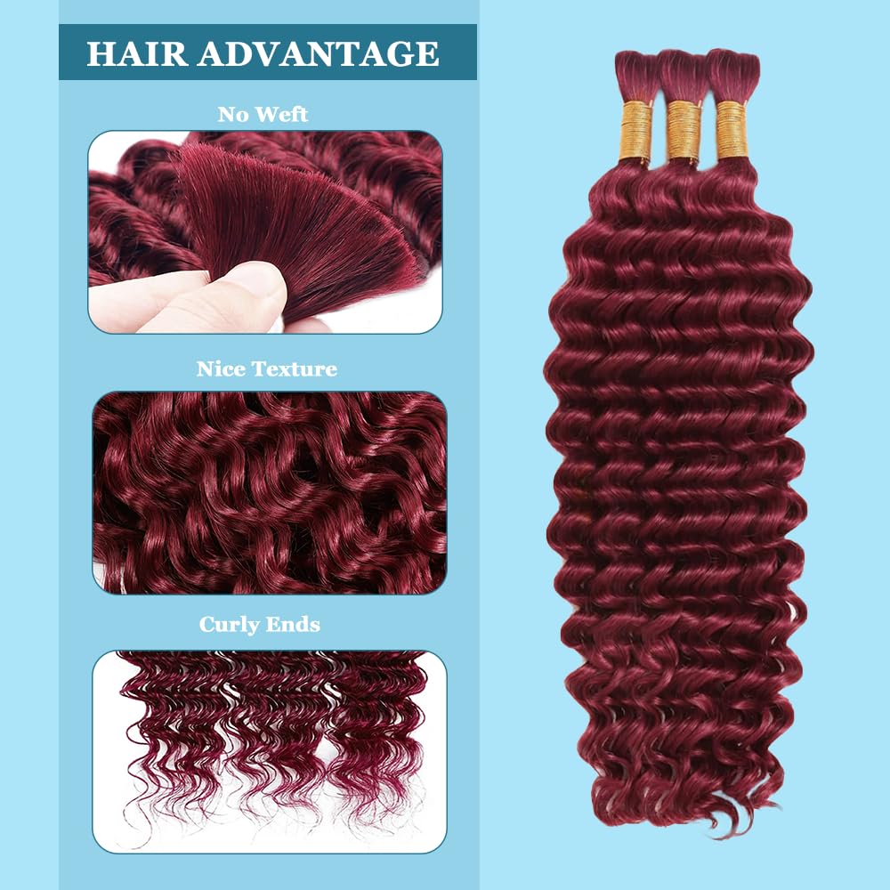 Burgundy Human Braiding Hair for Boho Braids 150g 18 inch Deep Wave Bulk Human Hair for Braiding 3 Bundles Wet and Wavy Bulk Bohemian Curly Bundles