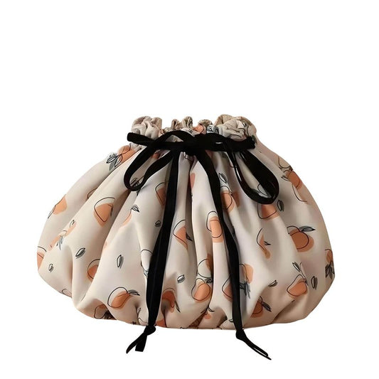 YoyoZest Large Capacity Drawstring Makeup Bag -Waterproof Oxford Cloth, Floral & Fruit Print, Multiple Inner Pockets, Lightweight & Portable for Travel & Daily Use (Milk Apricot)