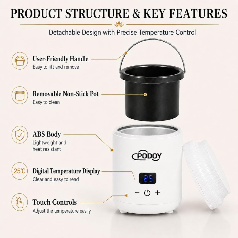PODOY Mini Wax Warmer - Switchable Display, Portable for Hair Removal with 100 Wax Sticks, Non-Stick Waxing Kit for Women's Face and Body, Professional Melter Machine