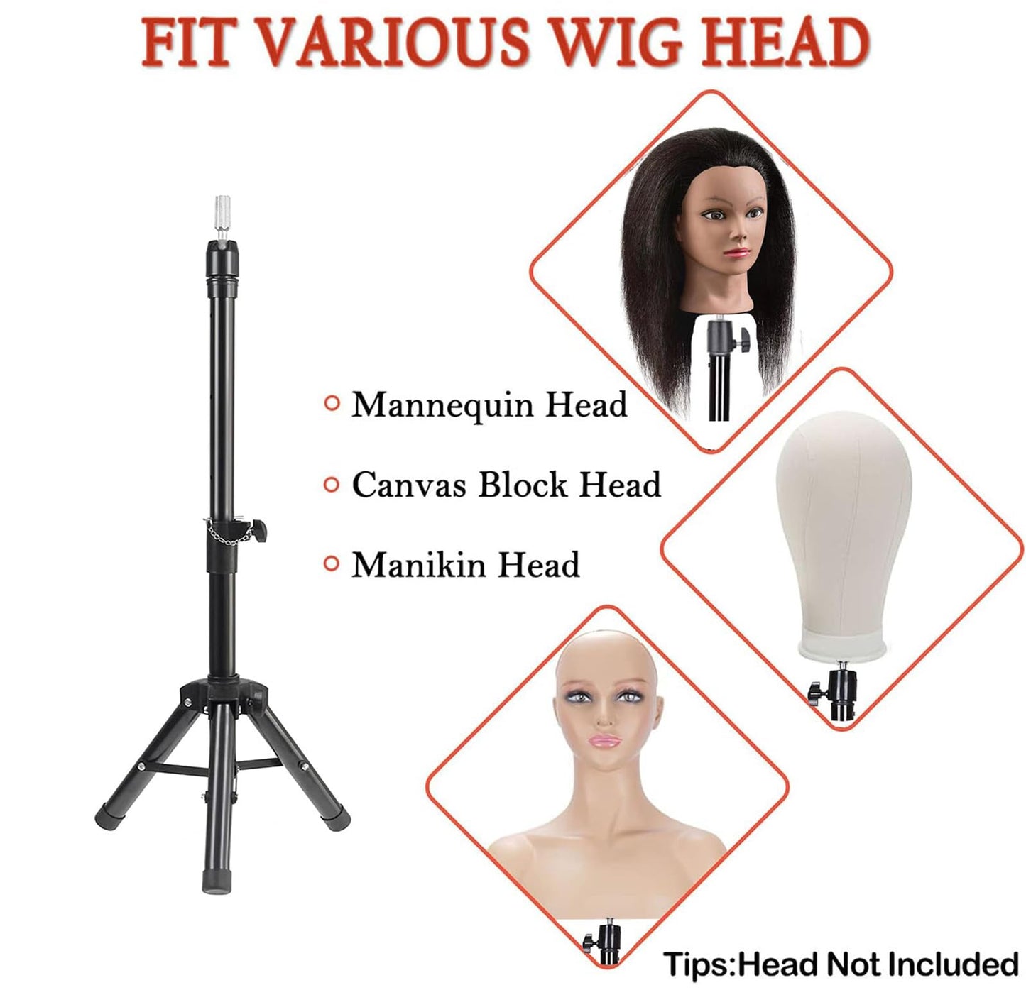 Reinforced Wig Stand Tripod 59" Heavy Duty Adjustable Mannequin Head Stand Tripod for Styling Cosmetology Hairdressing Training, Pink Wig Head Stand Sets with Wig Caps,Comb,Hair Clips, T-Pins,Headband