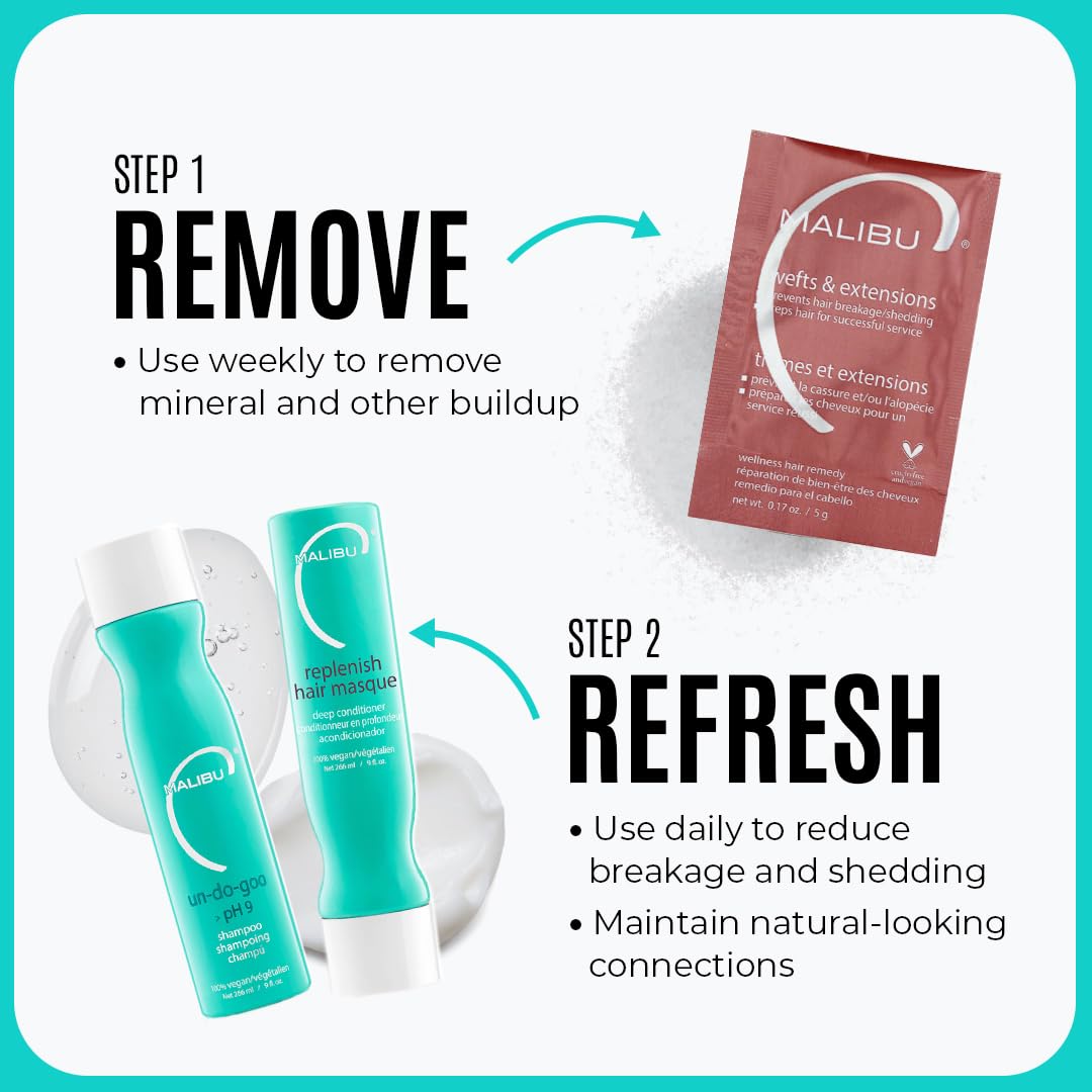 Malibu C Wefts & Extensions Wellness Hair Remedy (12 Packets) - Removes Build Up + Prevents Hair Breakage - Prepares Natural Hair for Hair Extension Application