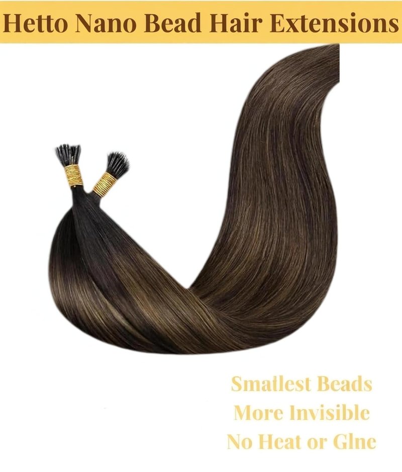 Hetto Nano Bead Hair Extensions Human Hair Dark Brown Mix Light Brown Nano Hair Extensions Brown Nano Tip Hair Extension Real Human Hair 14 Inch 50s 50g