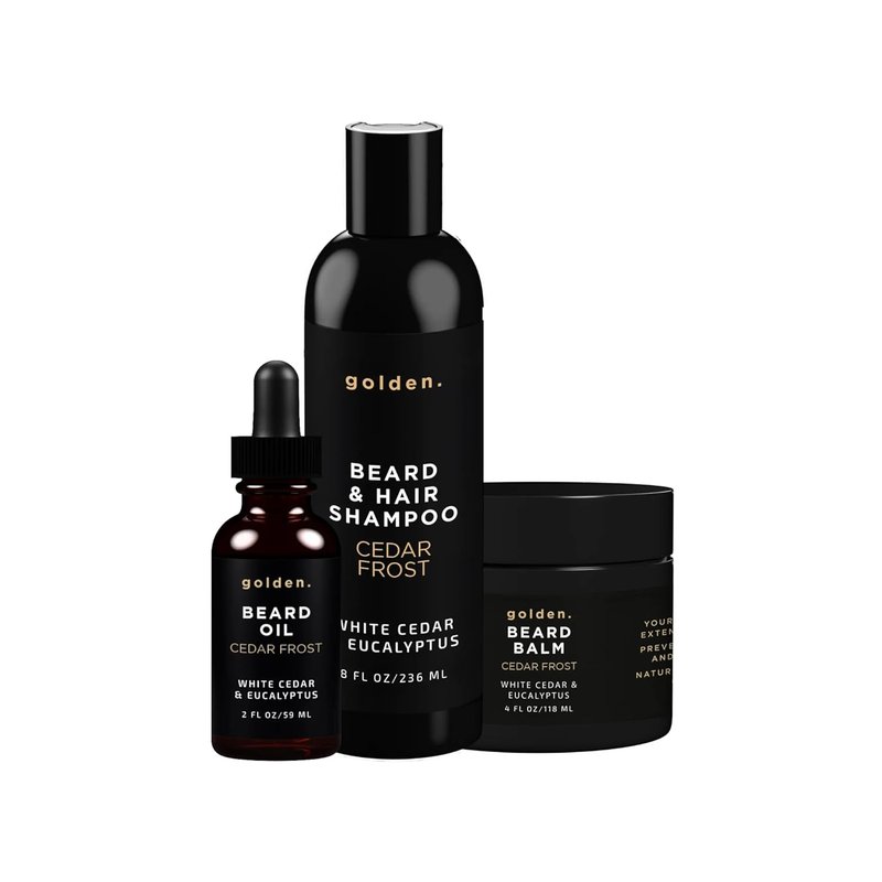 Golden Grooming Beard Bundle - XL Double Size Kit with 8oz Shampoo, 4oz Balm & 2oz Oil | Cedar Frost Scent
