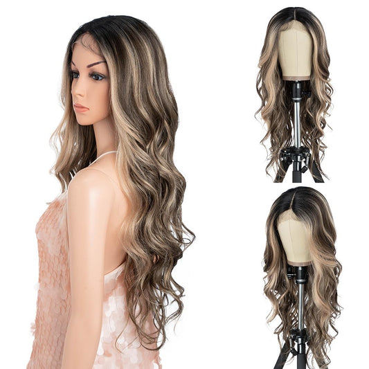 Style Icon Highlight Blonde Long Wavy Wig for Women Middle Part Curly Wavy Wig Natural Looking Synthetic Heat Resistant Fiber Wig for Daily Party Use (28 Inches, NTPDHL1B/8/26R)